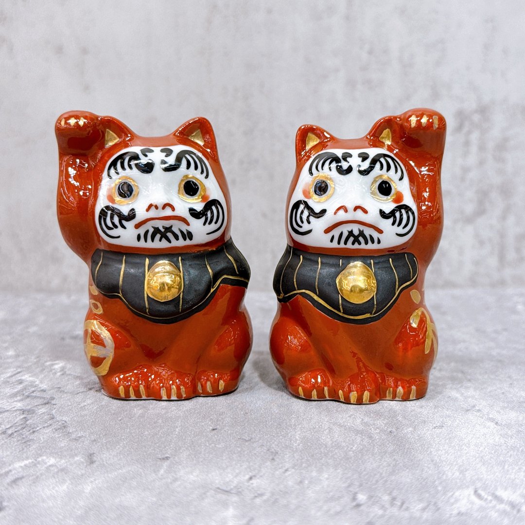【达摩一对】日本九谷烧招财猫 | 福入达摩招财猫 - 一对 - 摆饰 - 瓷 红色