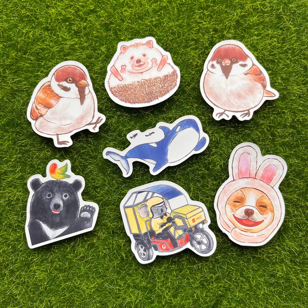 【Hello I'm Gene (静)】防水贴纸-可爱动物组合包A ( 6入组 ) - 贴纸 - 塑料 多色