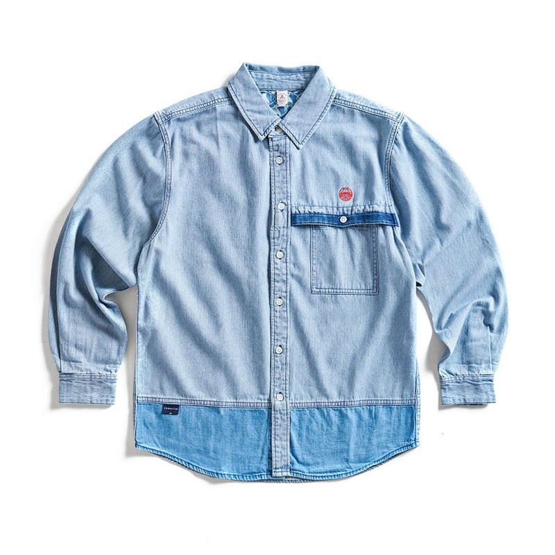 江户胜 日系 男装 忍者系列 细条剪接牛仔长袖衬衫(漂浅蓝)#衬衫 - 男装衬衫 - 棉．麻 蓝色