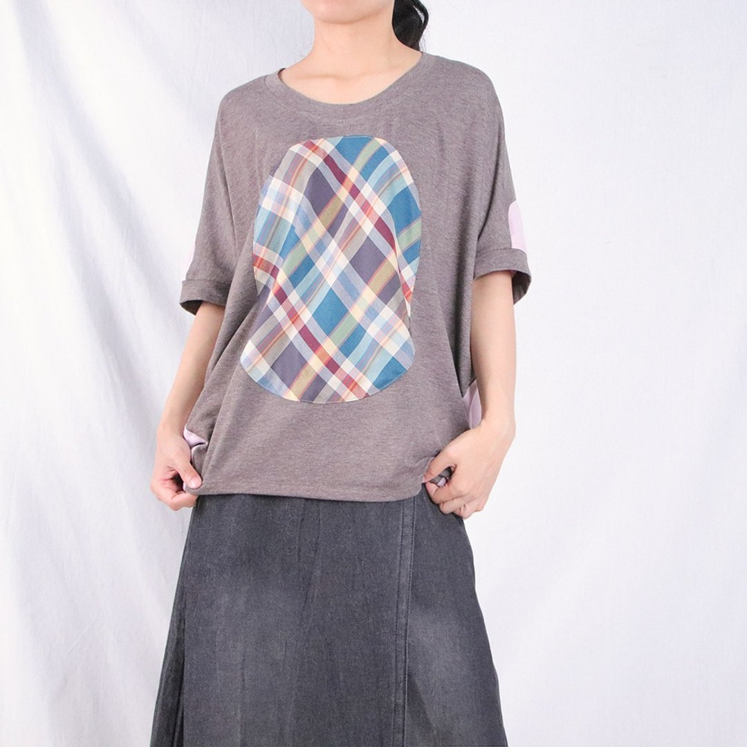 卡奇格纹 / 宽版伞袖上衣 / T1092 - 女装上衣 - 棉 卡其色
