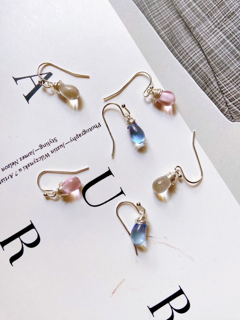 捷克火烧珠//纯银//垂坠耳环//日常//小礼物 - 耳环/耳夹 - 琉璃 粉红色