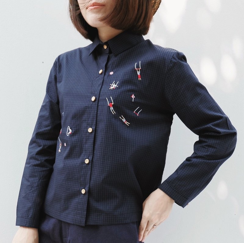 Long-slevees Shirt : Charcoal with mint grid - 女装上衣 - 绣线 黑色