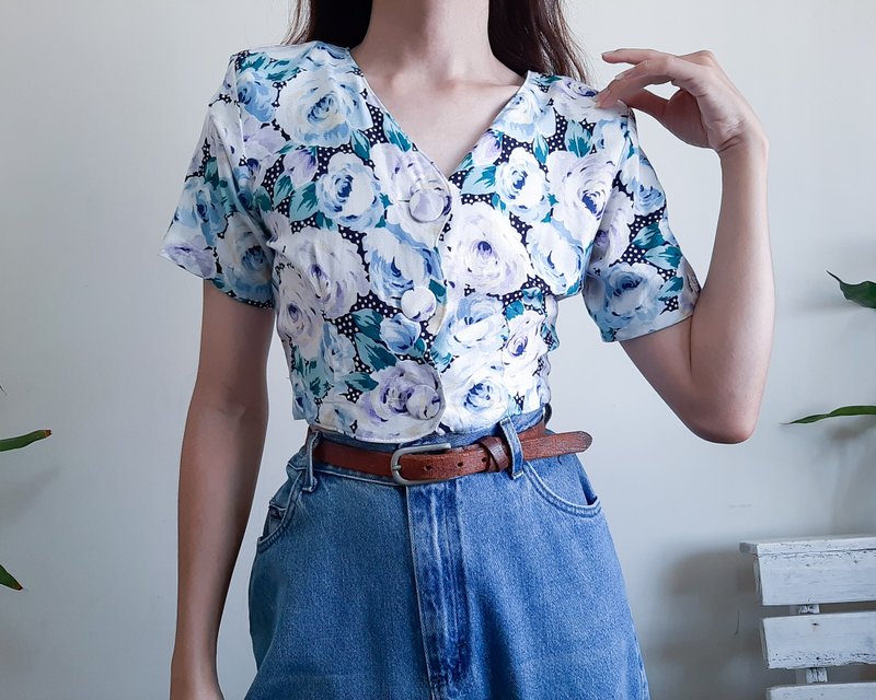 复古 80 年代花卉圆点短款上衣 夏季短款上衣 短袖 尺码 Xs S - 女装上衣 - 聚酯纤维 蓝色