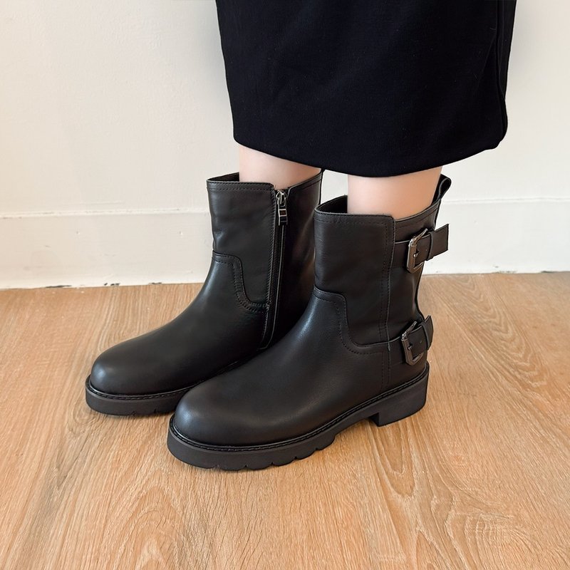 轻量厚切底! 拉长比例侧边双扣牛皮短靴 黑 全真皮 -黑色 - 女款短靴 - 真皮 黑色