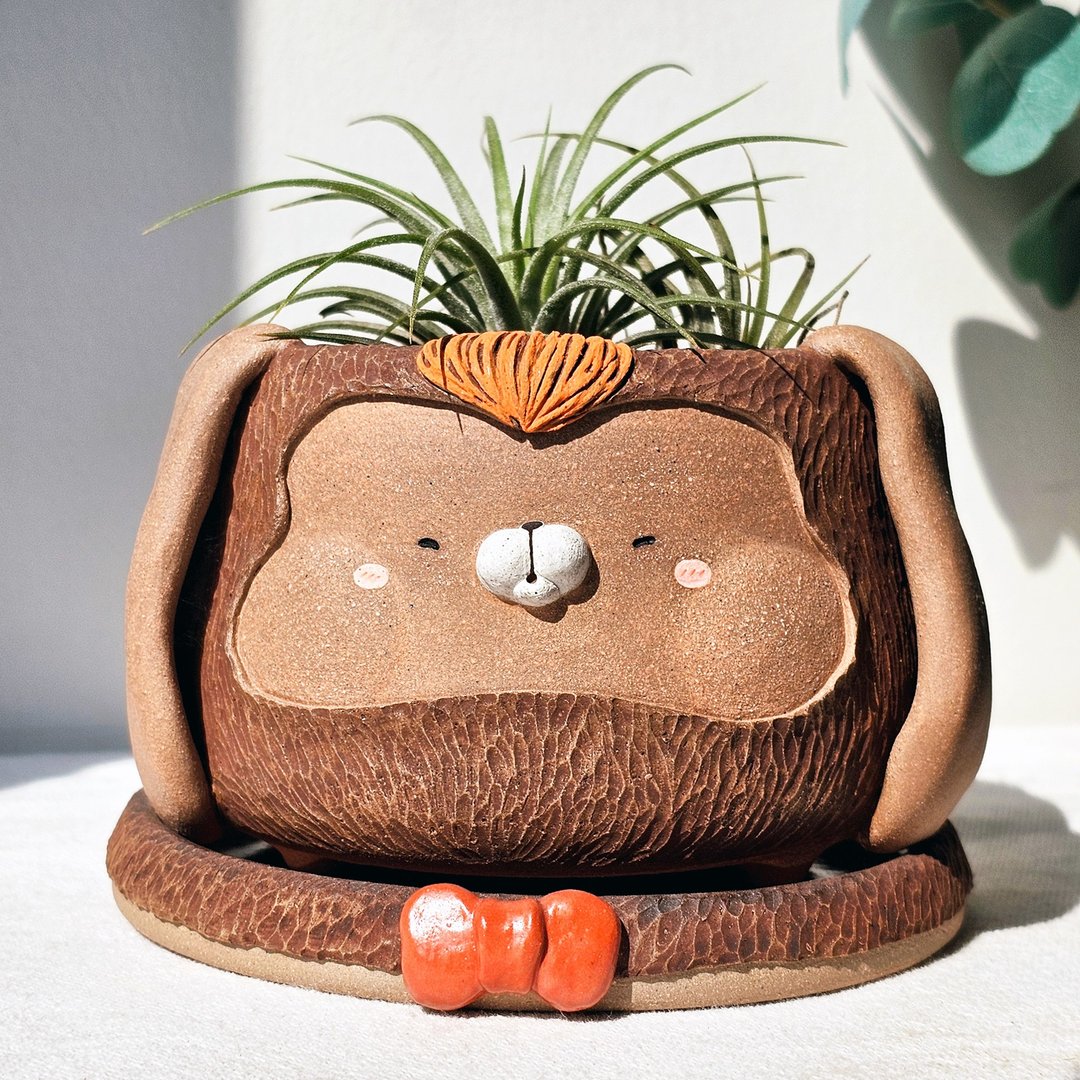Planter with saucer, medium-brown bunny. Handmade plant pot. - 花瓶/陶器 - 陶 