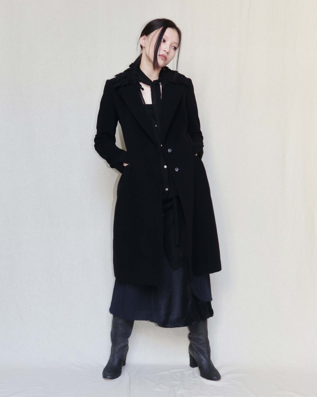南瓜Vintage。Ermanno Scervino 100% Cashmere 黑色 叶形领 大衣 - 女装休闲/机能外套 - 羊毛 黑色