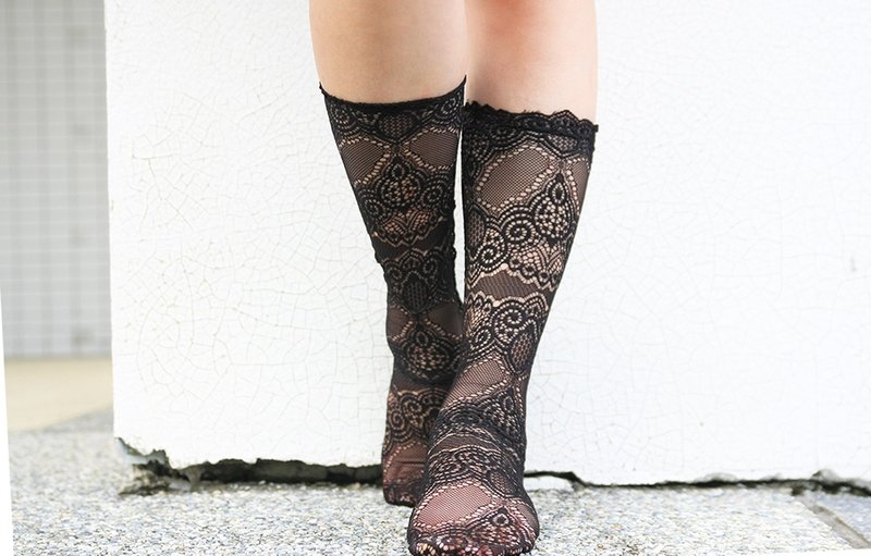 Unni蕾丝推推袜-网袜 袜 短袜 袜子 鞋履袜品 sock 推推袜 中筒袜 - 袜子 - 聚酯纤维 黑色