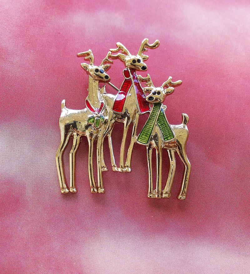 Vintage Jewelry 西洋古董饰品 圣诞 围围巾的驯鹿 别针 - 徽章/别针 - 其他金属 金色