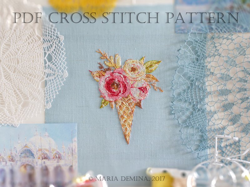Watercolor Floral Ice Cream Cone PDF cross stitch pattern - 手工艺教程/工具书 - 其他材质 