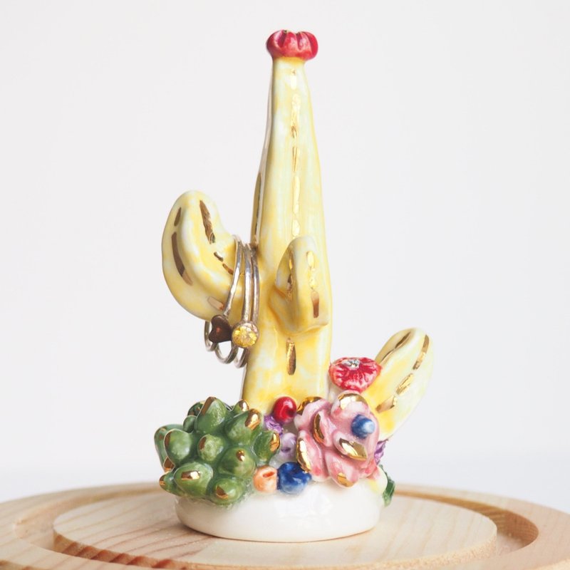 黄色仙人掌多肉植物白瓷戒指座 - 戒指 - 瓷 黄色