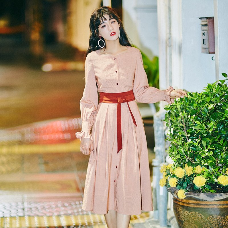 复古格子撞色腰带显瘦连衣裙长袖裙子洋装 - 洋装/连衣裙 - 其他材质 橘色