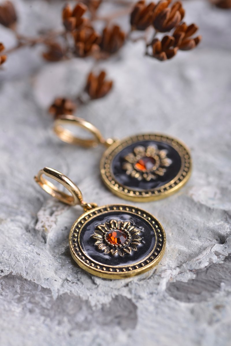 非水晶滴釉小花14K金小圆片耳环 - 耳环/耳夹 - 其他金属 蓝色