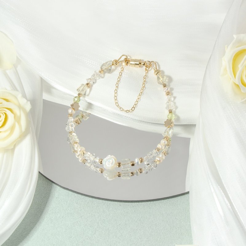 白色玫瑰花 - 赫基蒙水晶 橄榄石 利比亚陨石 白蝶贝 天然石手链 - 手链/手环 - 水晶 多色