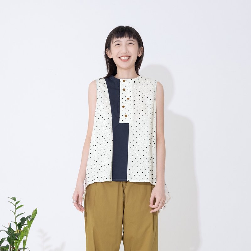 零星点点配色拼接无袖上衣 - 女装背心 - 棉．麻 白色