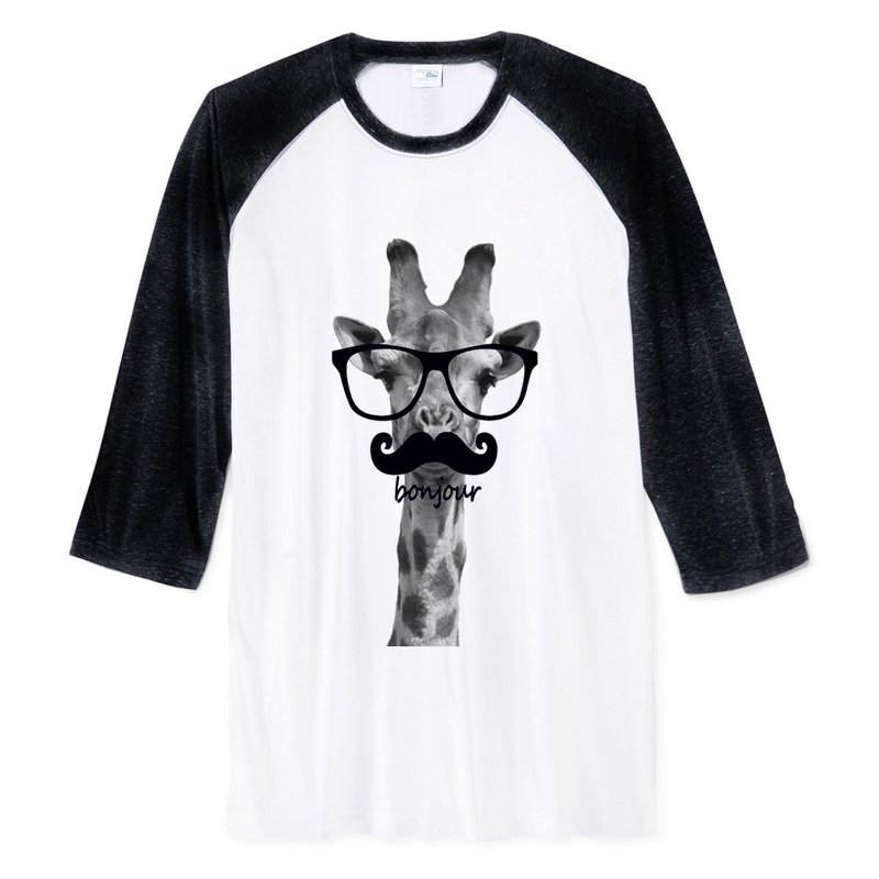 Giraffe-bonjour【现货】中性七分袖T恤 2色长颈鹿你好法国眼镜胡须动物文青艺术设计时髦文字时尚 - 男装上衣/T 恤 - 棉．麻 多色