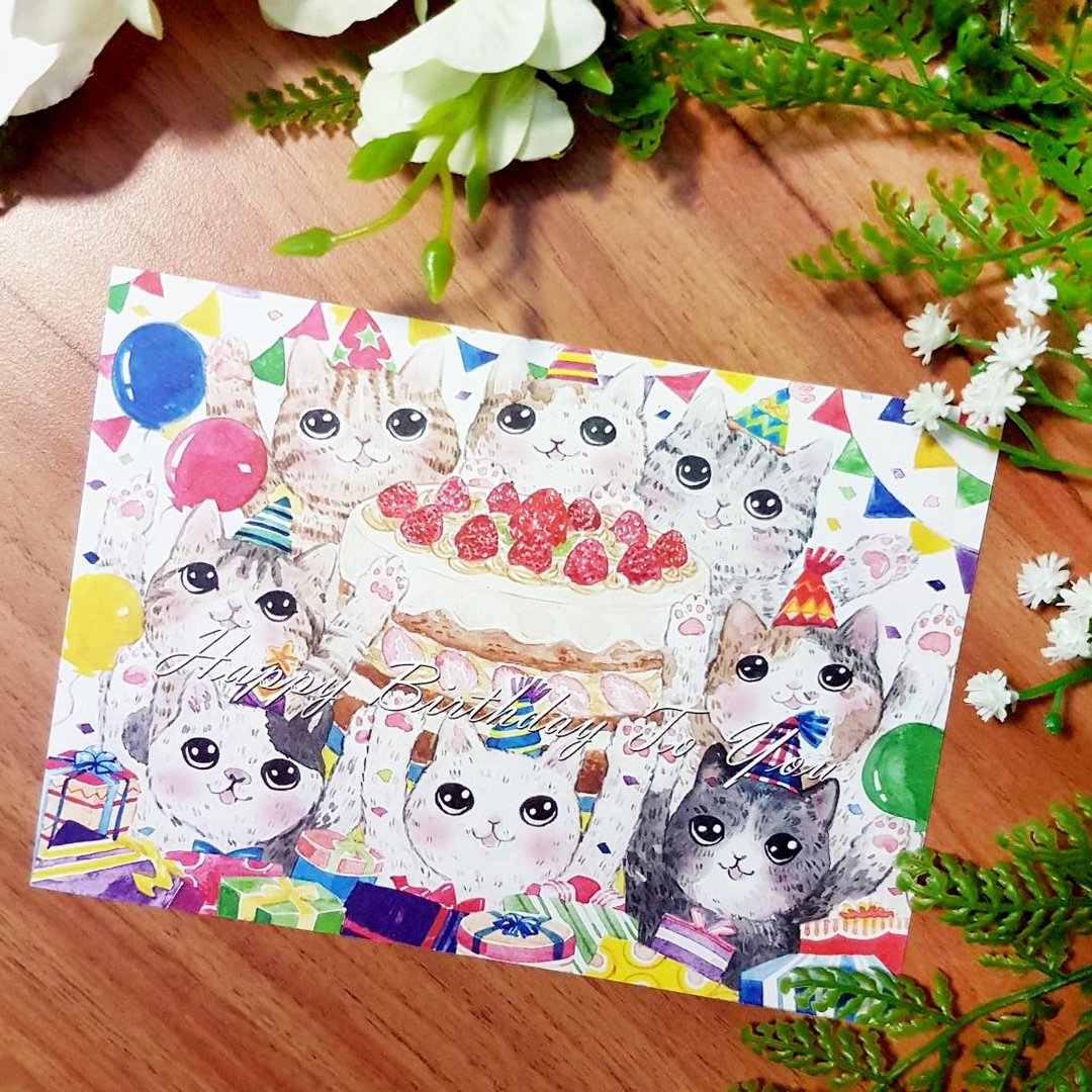 猫咪好友的生日派对明信片 - 卡片/明信片 - 纸 多色