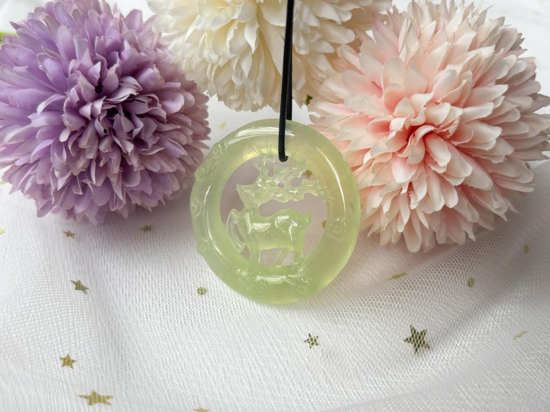 【一物一图】天然岫玉雕刻鹿牌吊坠项链连皮绳 - 项链 - 玉石 绿色