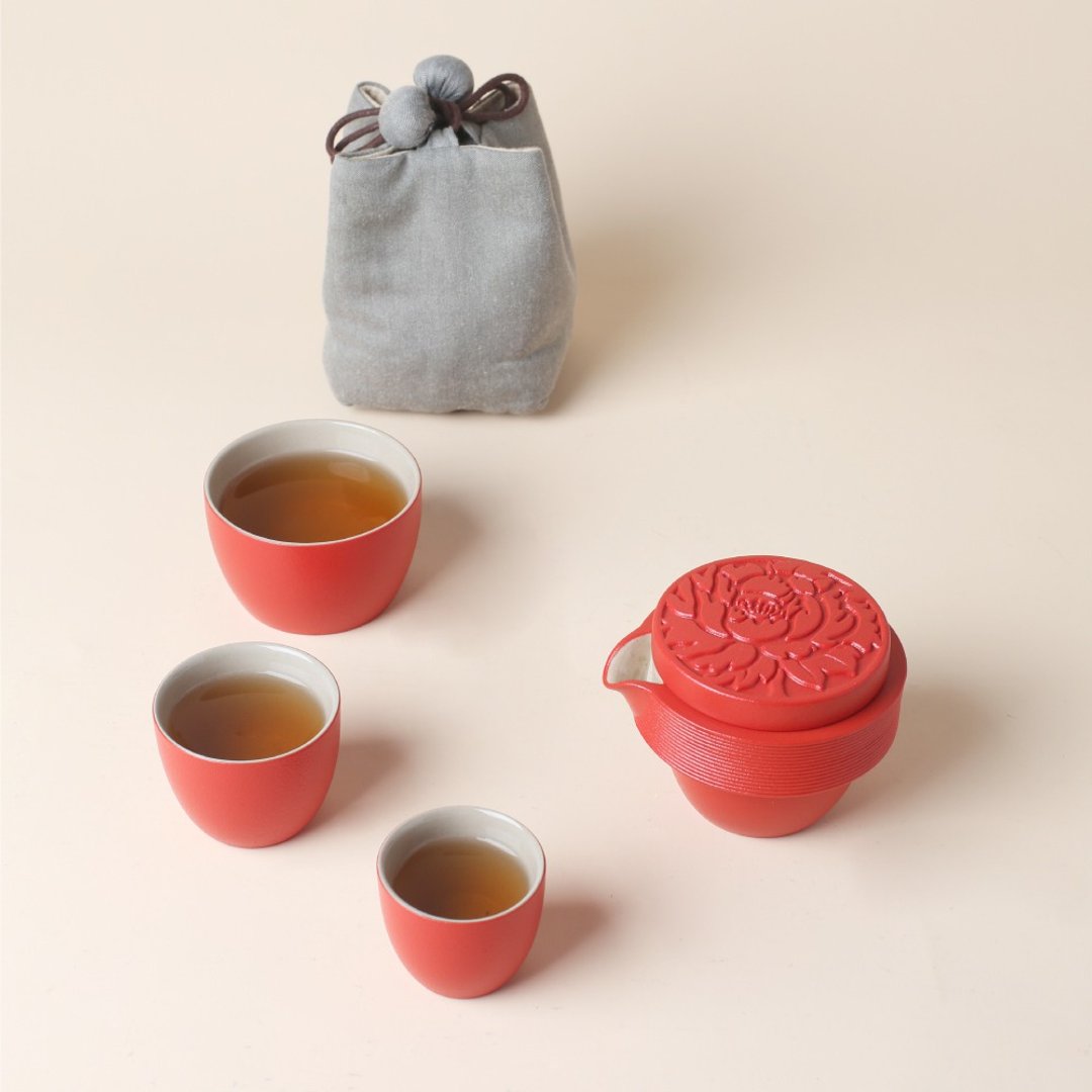 【礼物首选】陆宝 国色天香 一壶三杯 + 携行包 旅行茶具 - 茶具/茶杯 - 陶 红色