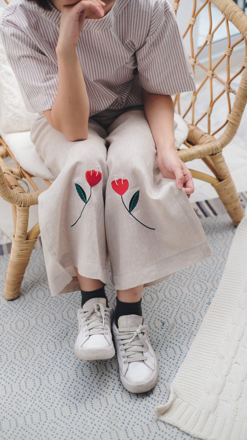 Poppy 花朵刺绣 米色麻质长裤 S/M - 女装长裤 - 亚麻 卡其色