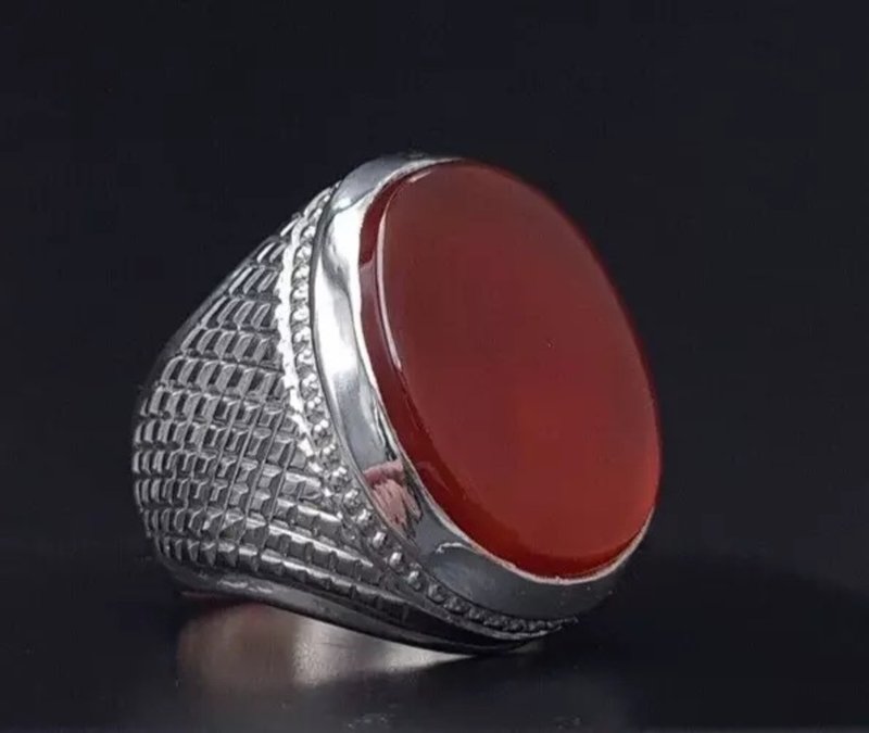 稀有未加热绿色也门Aqeeq男戒 天然Yemani Hakik戒指 饰品 - 戒指 - 宝石 红色