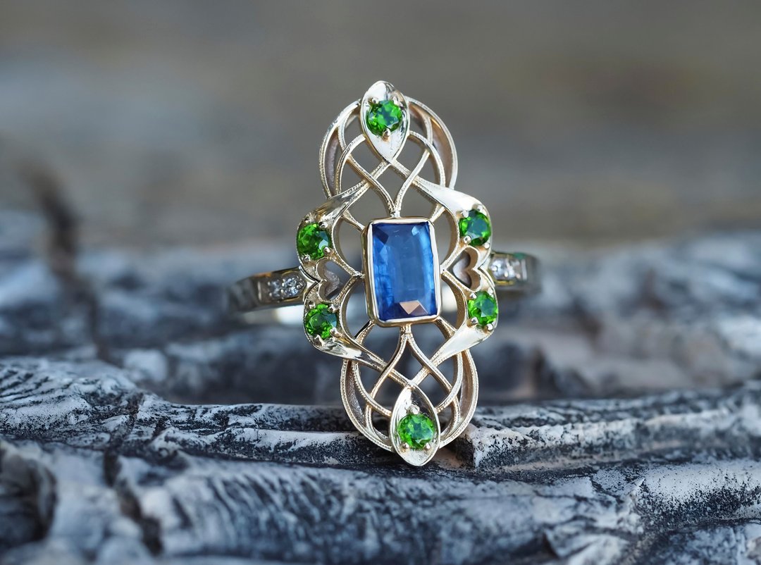 14k gold ring with kyanite, chrome diopside, diamonds - 戒指 - 贵金属 金色