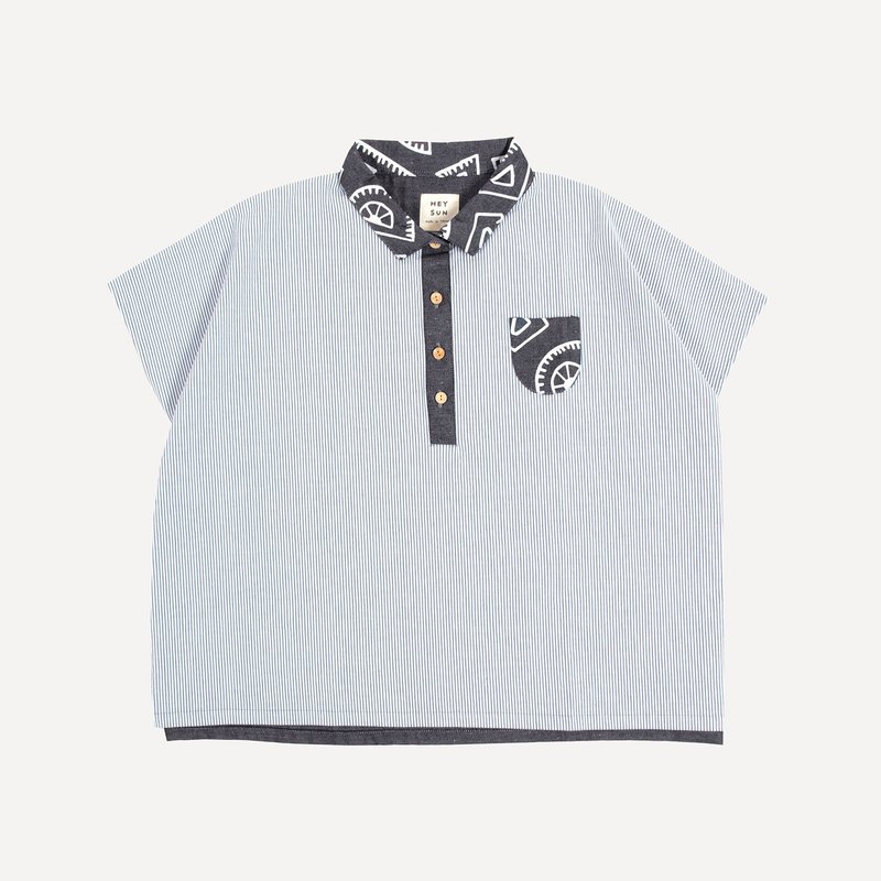 小学校系列/尺的印花拚色拼接条纹上衣-蓝灰拼接 - 女装衬衫 - 棉．麻 蓝色