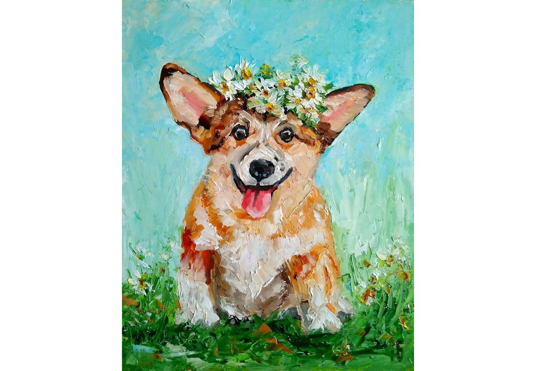 Corgi Dog Original Oil Painting, Funny Pet Portrait, Animalistic Wall Art - 海报/装饰画/版画 - 其他材质 多色