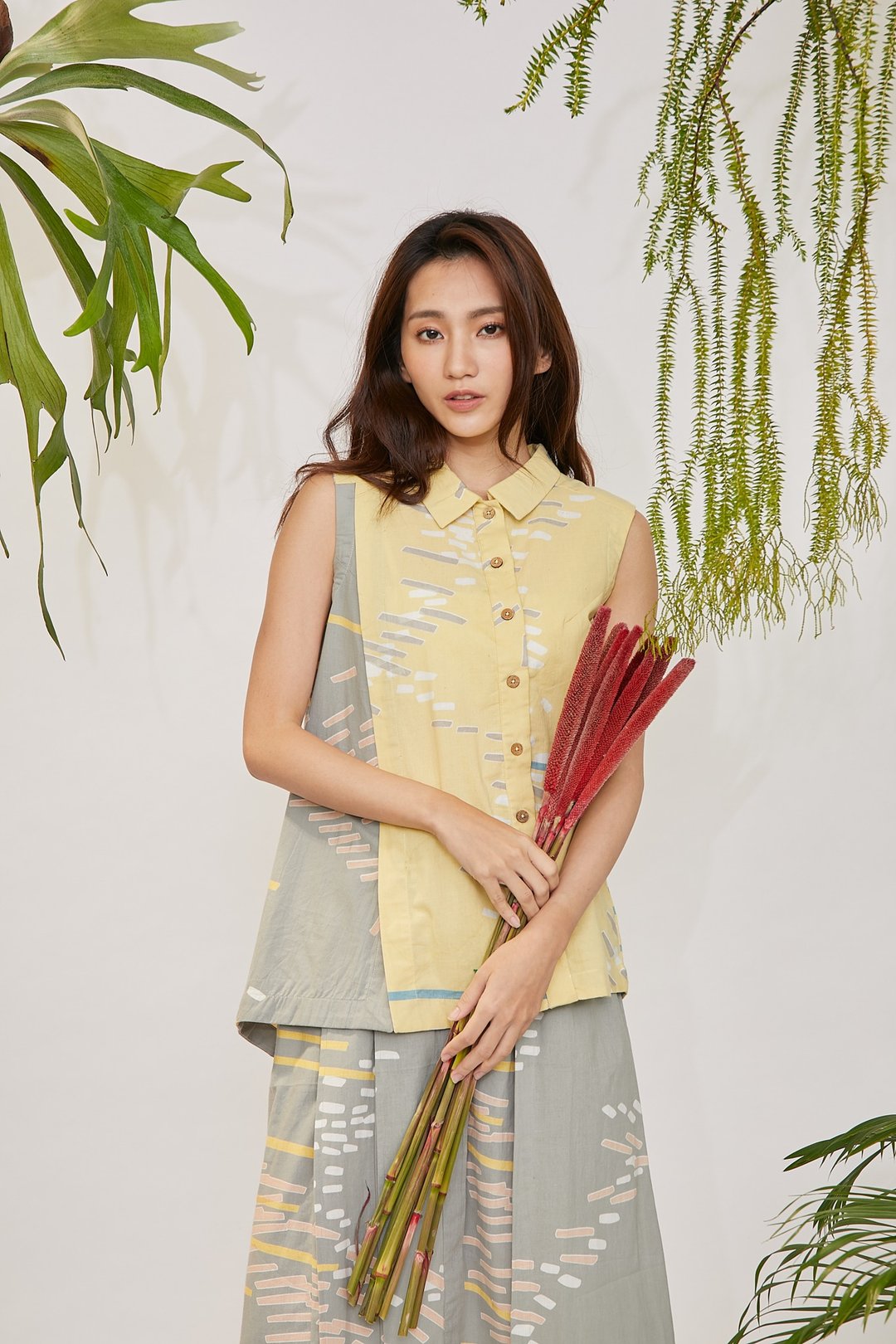 斜襟前衩无袖衬衫_黄油灰金_公平贸易 - 女装衬衫 - 棉 黄色