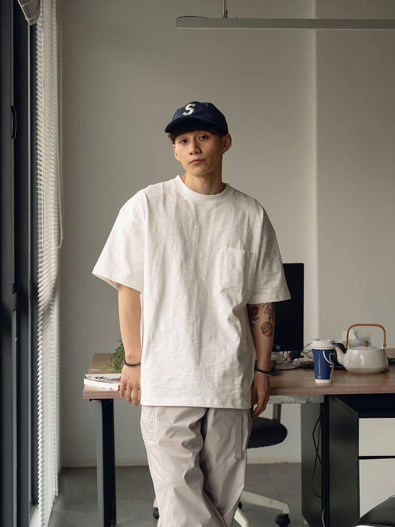 25SS定番休闲320G竹节横纹棉洗水口袋重磅宽松短袖T恤 - 男装上衣/T 恤 - 棉．麻 白色