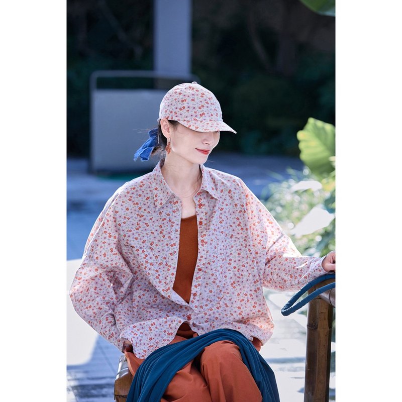 橙粉碎花凉感画家大衬衫 - 女装衬衫 - 棉．麻 