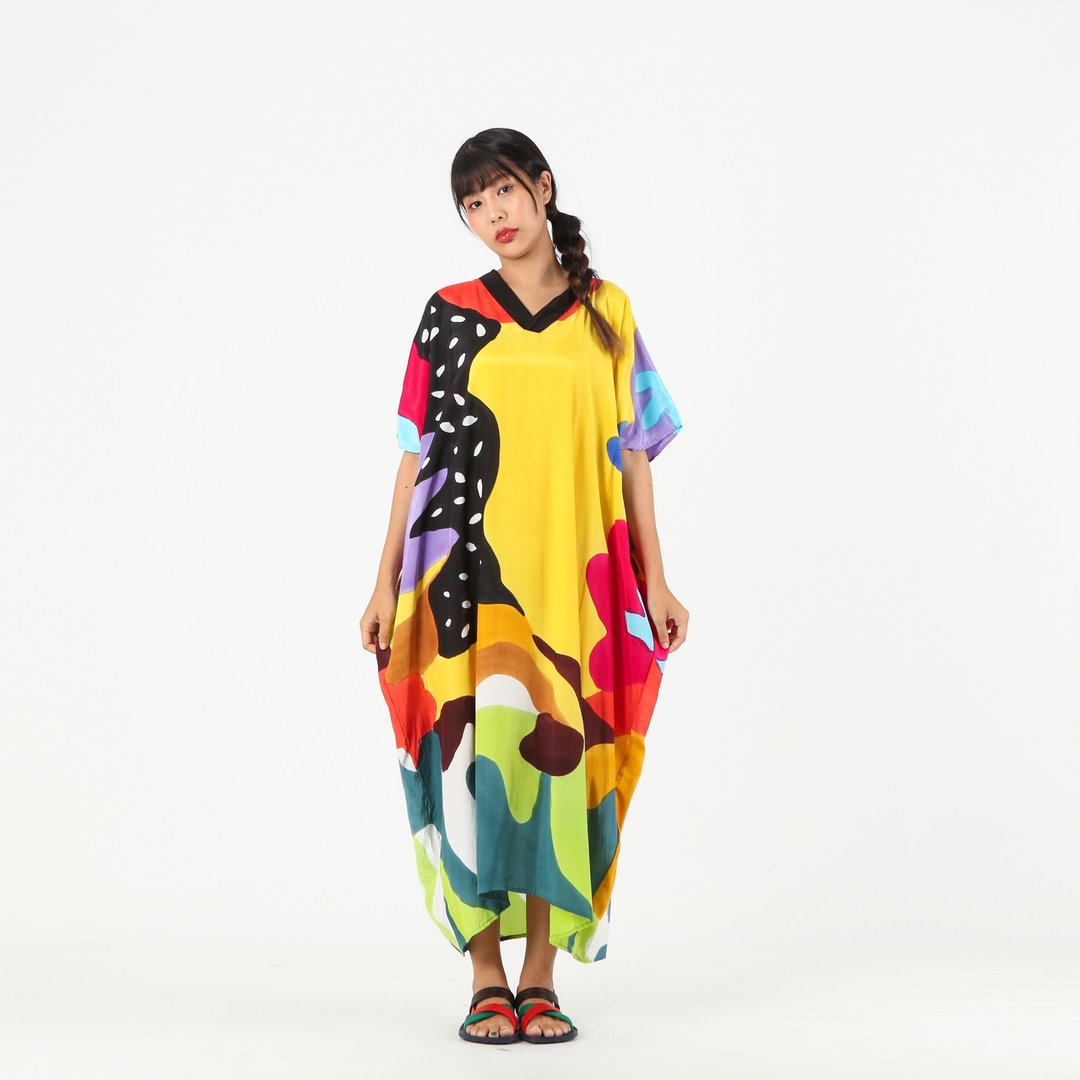 Kaftan V Nack Cotton Silk Hand Paint Free Size - 洋装/连衣裙 - 棉 多色