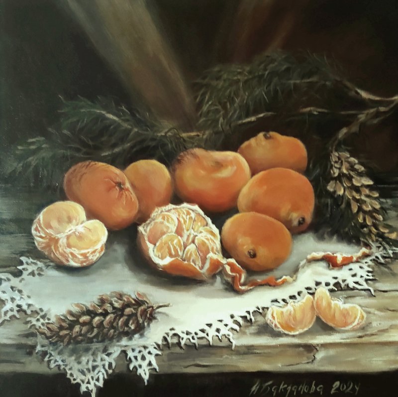 橘子和松树球果静物原画旧技法艺术品 - 墙贴/壁贴 - 其他材质 橘色