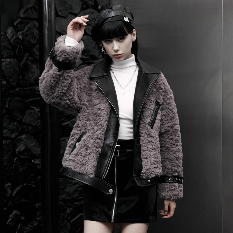 城市萨满拼接毛绒皮革外套 - 灰 / 白 - 女装休闲/机能外套 - 其他材质 