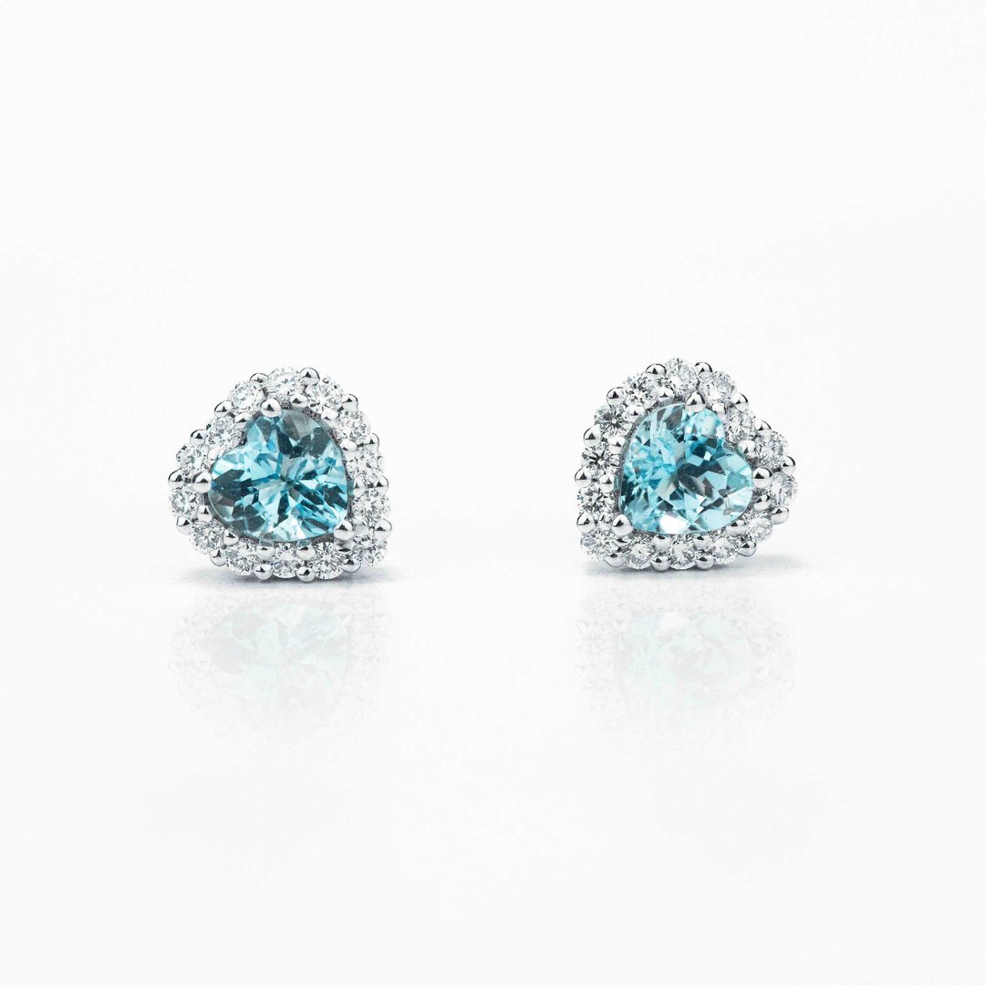 【PurpleMay Jewellery】纯18K金爱心天然海蓝宝钻石耳钉-E060 - 耳环/耳夹 - 宝石 蓝色