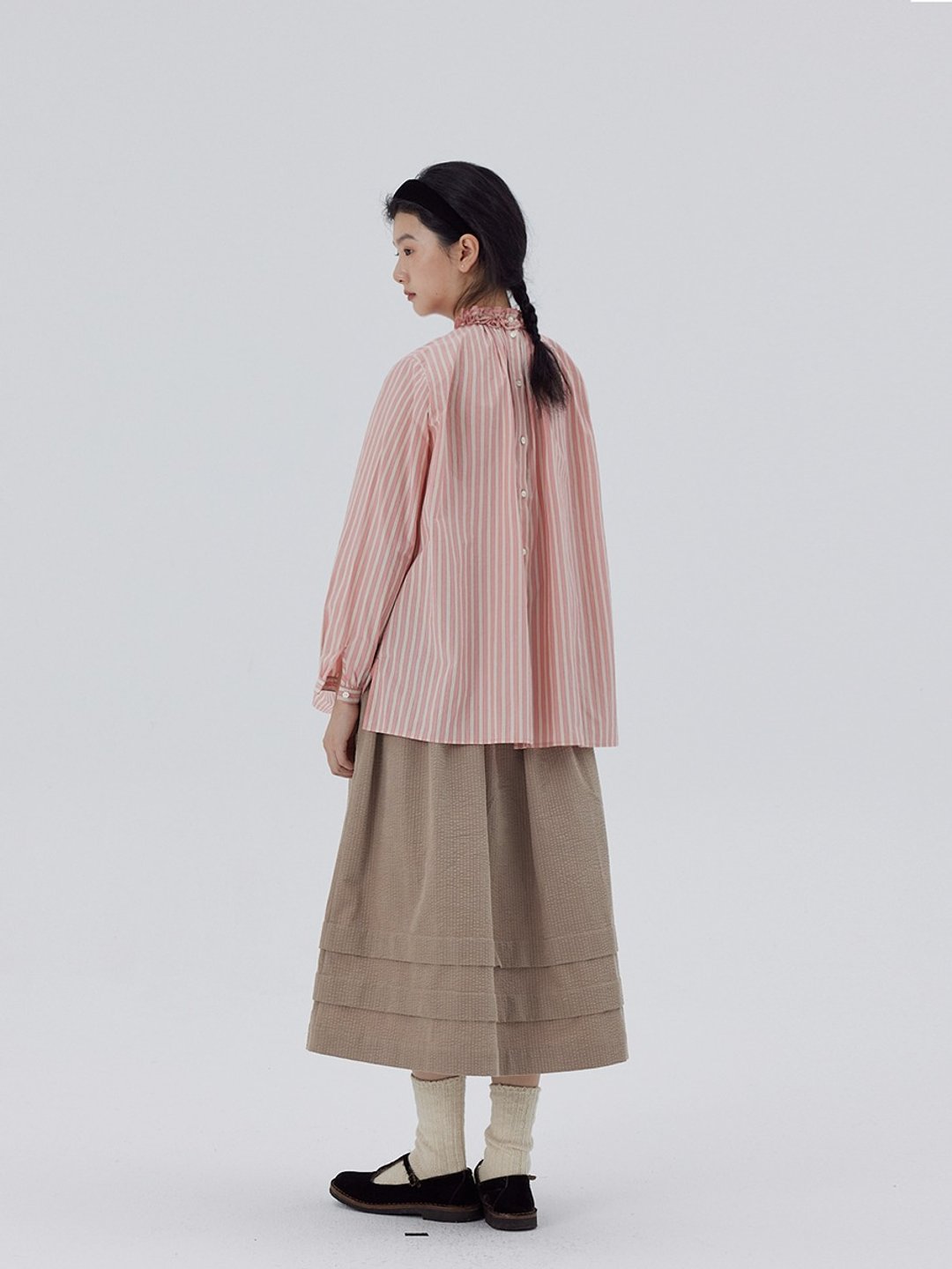 全棉粉白条纹花边领A型宽松衬衫 - 女装衬衫 - 棉 黑色