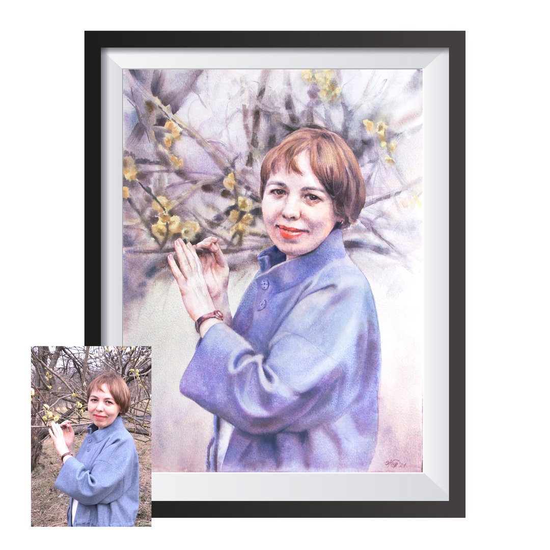 Custom original watercolor portrait painting by artist Irina Zhunaeva - 订制画像 - 纸 多色