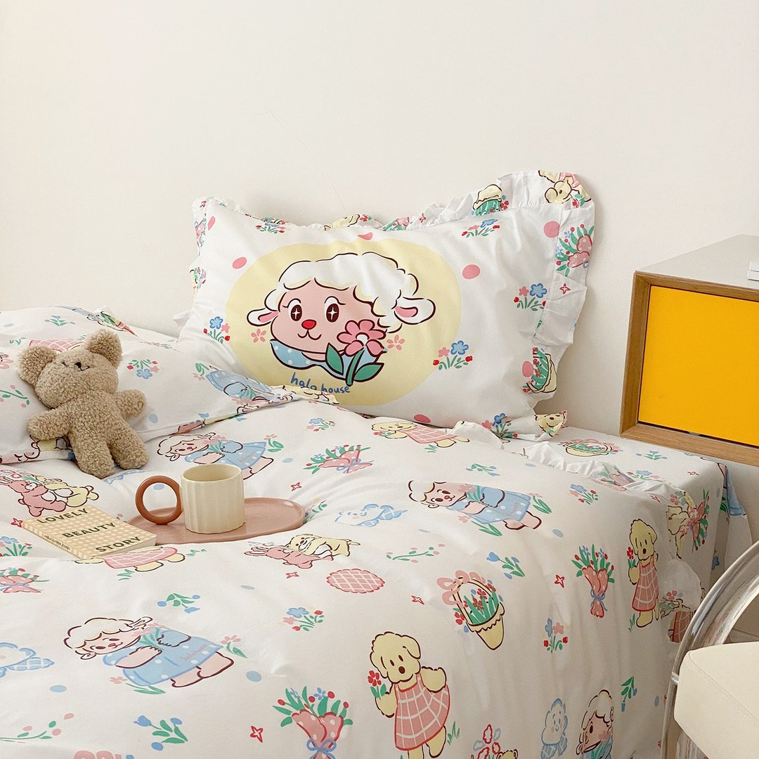 铃兰草碎花清新荷叶边少女100%棉寝具四件套 - 寝具 - 棉 多色