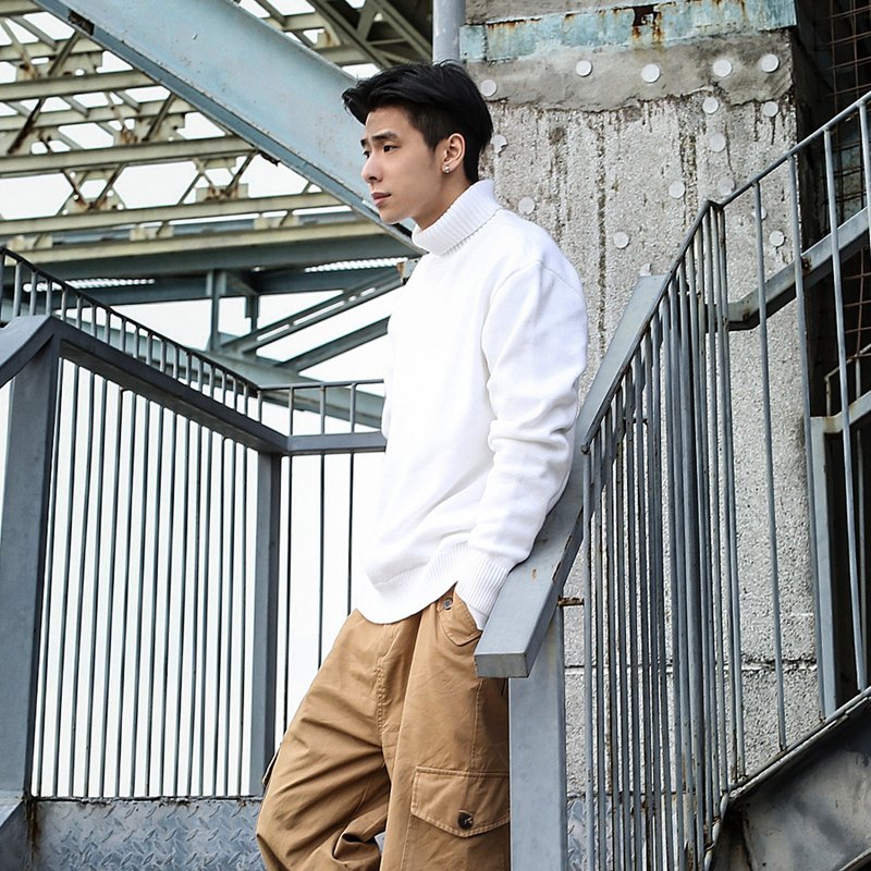 原创新款日系白色宽松高领套头针织毛衣男女同款 - 男装针织衫/毛衣 - 棉．麻 白色