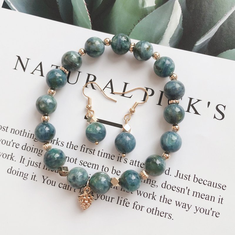 祖母绿蓝晶石手链+耳勾原创设计 | 熟悉的复古调色板 - 手链/手环 - 水晶 绿色