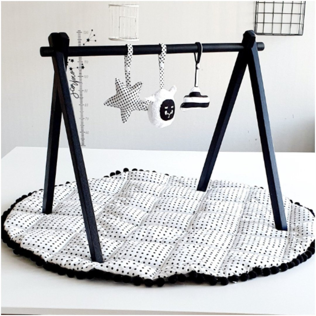 SET: GYM, TOYS &amp; MAT - monochrome black set natural wooden play gym - 爬行垫/游戏垫 - 棉．麻 黑色