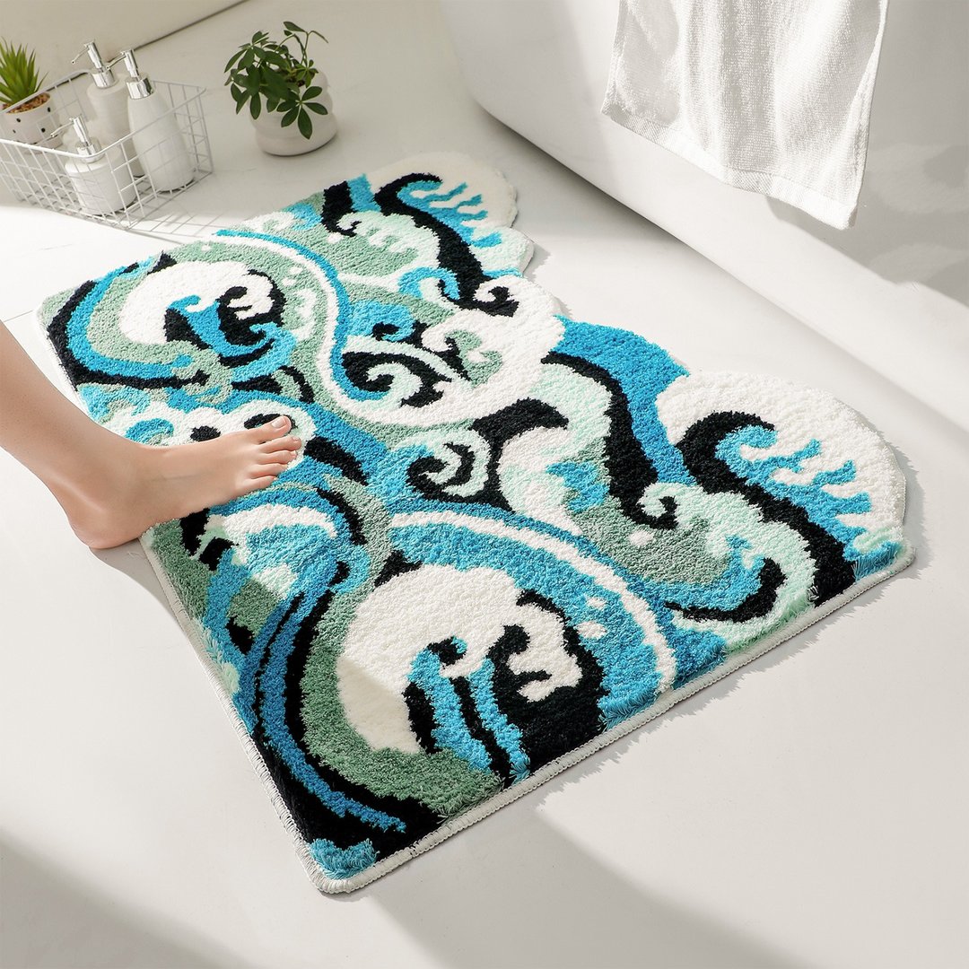日式浪花植绒浴室地垫 蓝色海洋风格脚垫 柔软吸水地毯 60x90cm - 地垫/地毯 - 聚酯纤维 蓝色