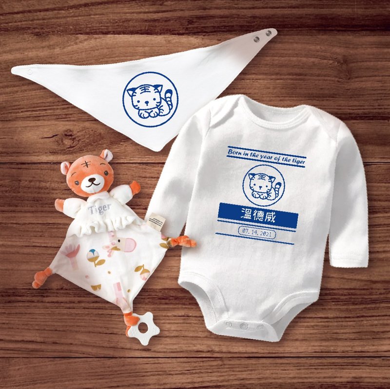 老虎宝宝 口水巾/三角巾+安抚娃娃 新生儿礼盒-红蓝两色 - 满月礼盒 - 棉．麻 多色