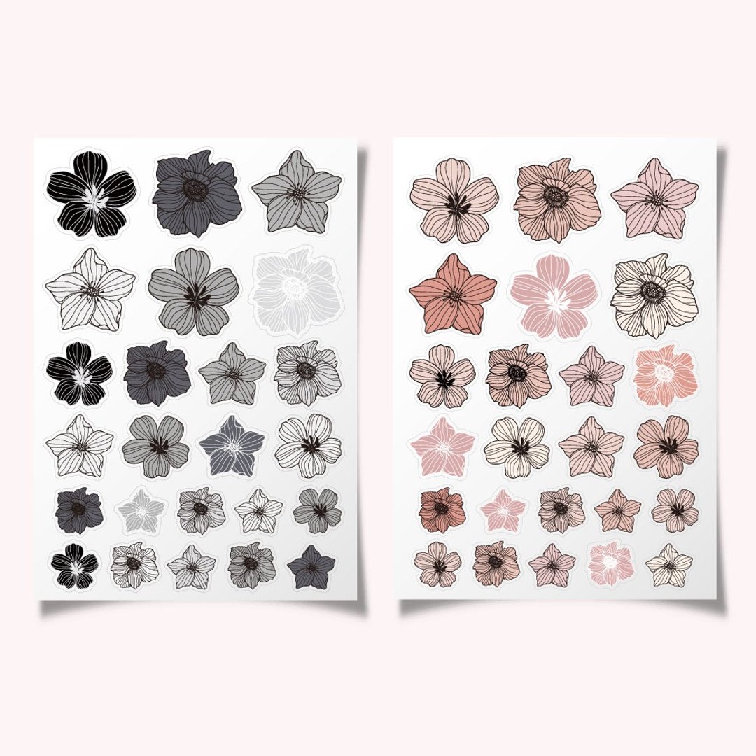 一套内含3种尺寸、2种颜色的花朵贴纸 - 贴纸 - 纸 