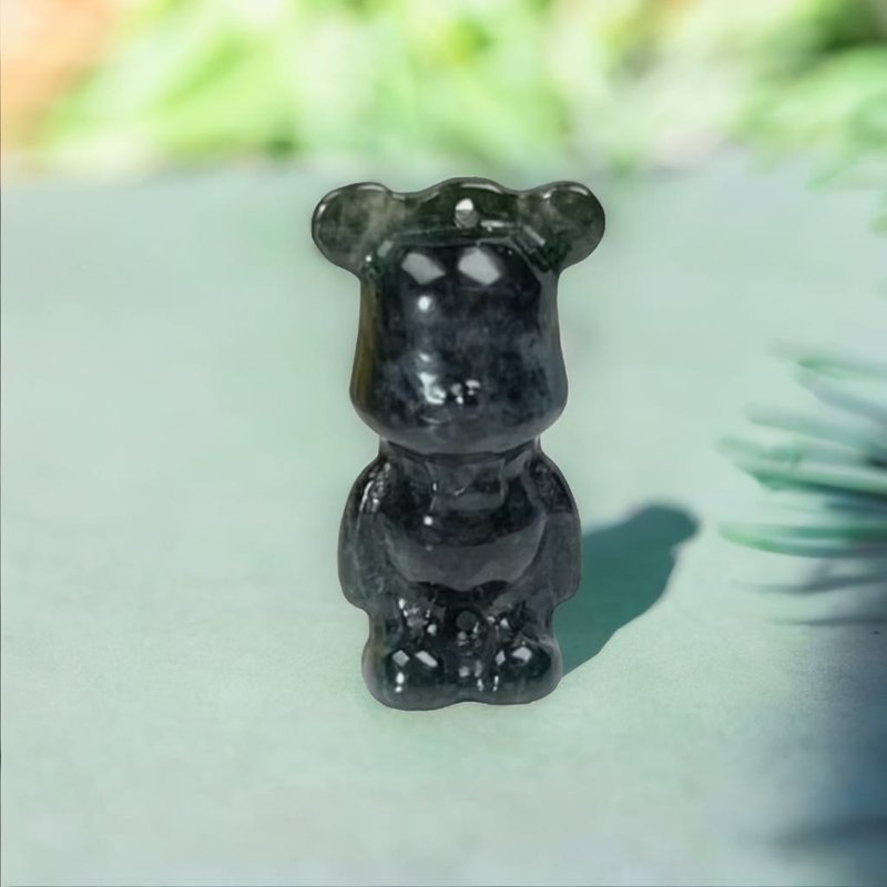 【熊熊玉见你】乌鸡飘花翡翠小熊吊饰 | 天然缅甸翡翠A货 | 送礼 - 其他 - 玉石 黑色