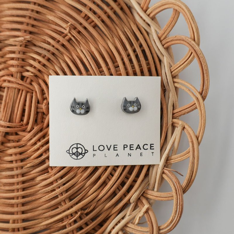 猫猫好朋友耳环 迷你款 | 灰 - 耳环/耳夹 - 树脂 灰色