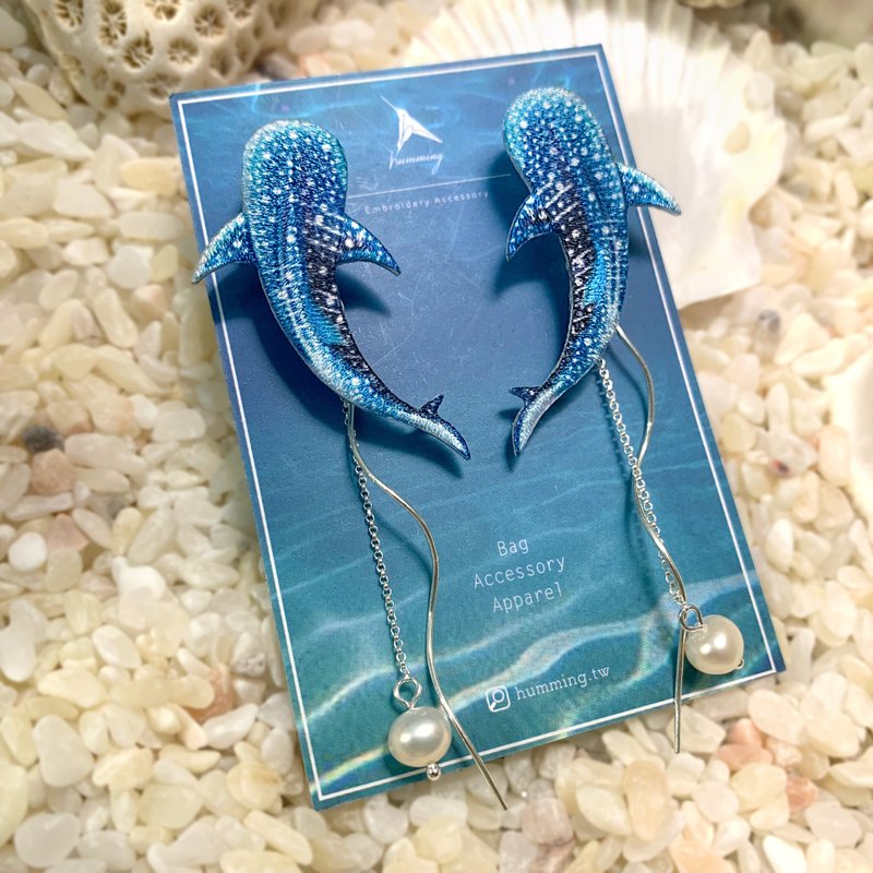 耳环 鲸鲨 豆腐鲨 刺绣 手工 耳夹 珍珠 生日 礼物 礼盒 情人节 - 耳环/耳夹 - 绣线 蓝色
