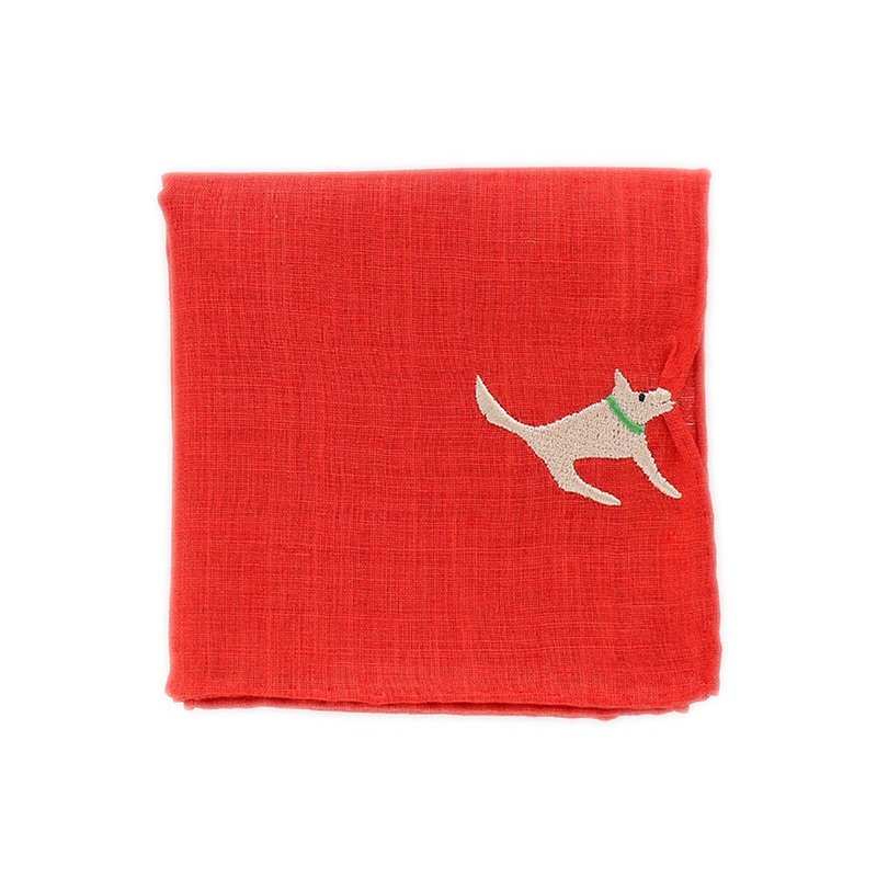 HIKKOMI 狗狗 红色 手帕 41×41cm 棉50% 麻50% 日本制 礼品 - 手帕/方巾 - 棉．麻 红色