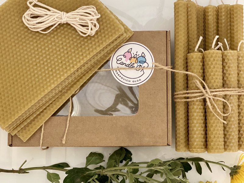 Natural beeswax candle making kit, organic gift set for hygge decor lovers - 蜡烛/烛台 - 蜡 黄色