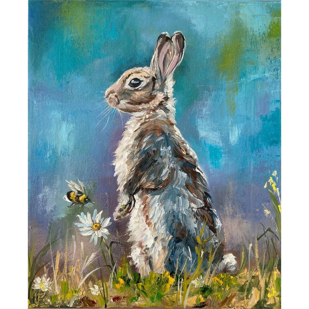 Rabbit Painting /Original oil Artwork /Animal Painting/ Small art/bunny - 墙贴/壁贴 - 其他材质 