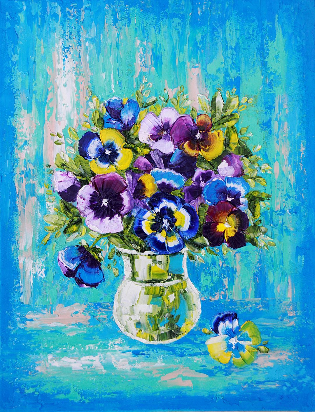 Pansy Painting Impasto Floral Original Art Flower Still Live Palette knife Art - 海报/装饰画/版画 - 其他材质 蓝色